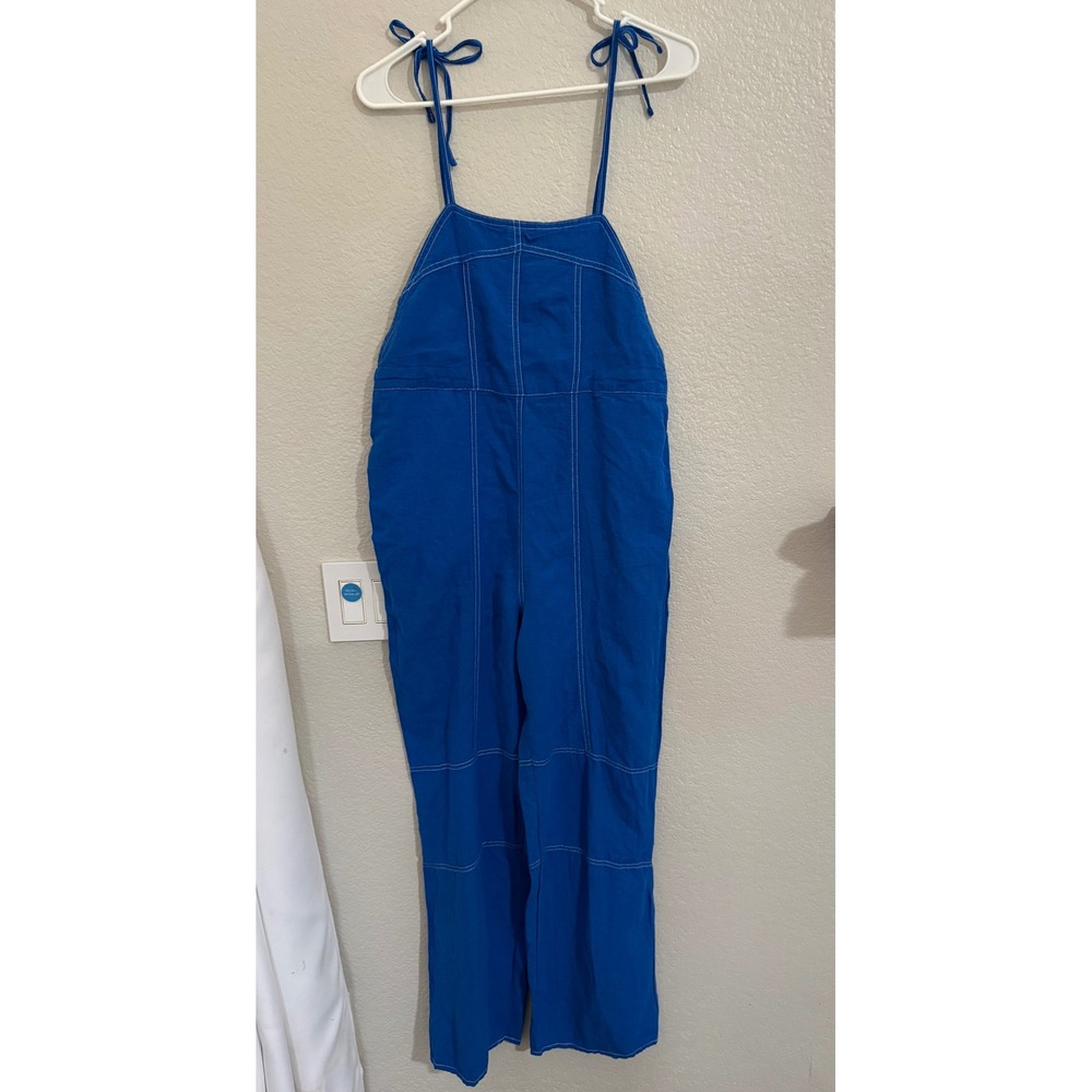 Urban Outfitters Harley Linen Blend Backless Blue Tie Strap Jumpsuit Size Small